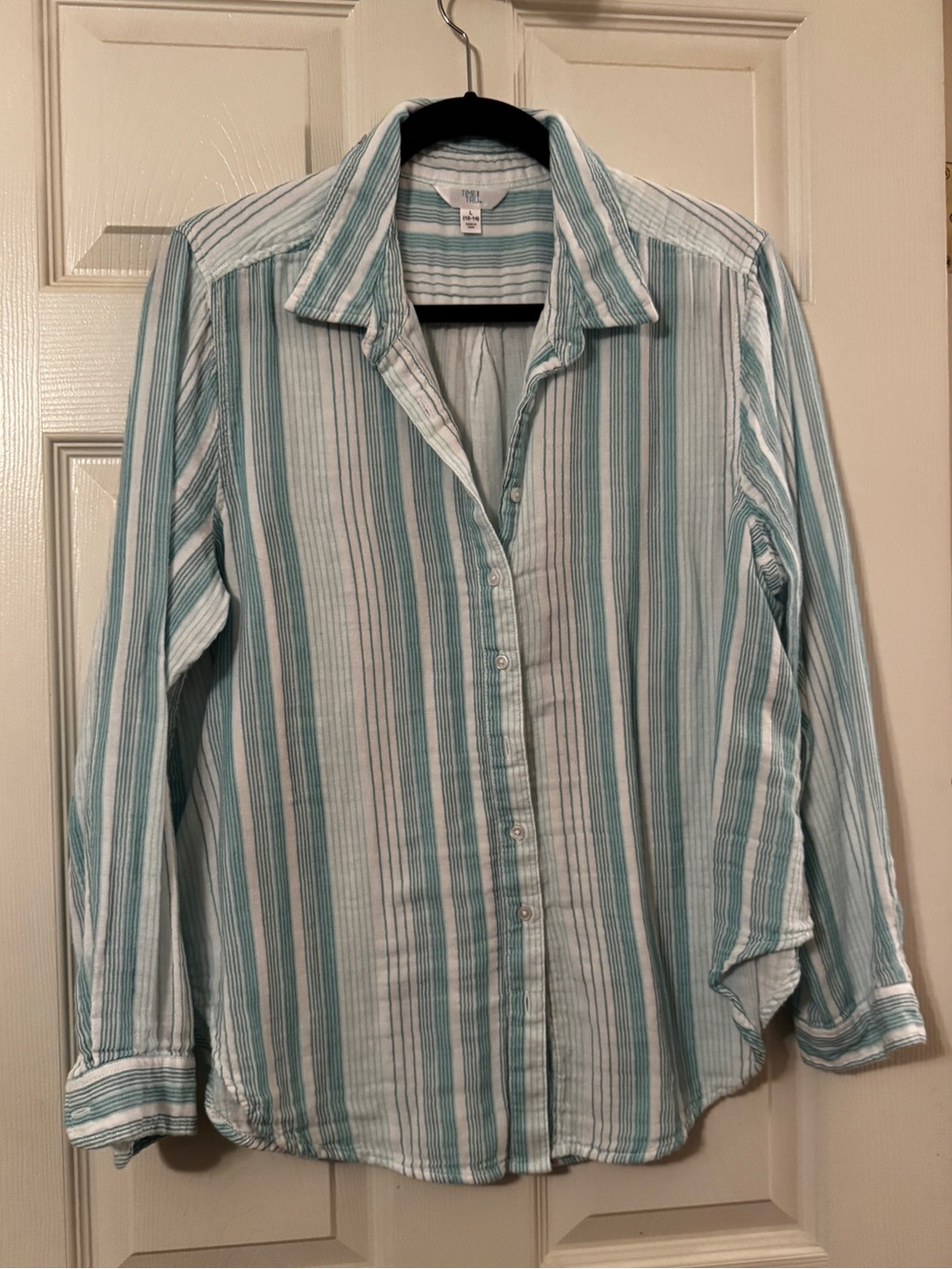 Time and Tru Women’s Large Button-Down Shirt in Teal and White Stripes